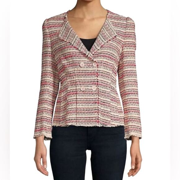 Rebecca Taylor Womens Size 4 Tweed Blazer Optic Striped Pink & Red Cotton Blend - Picture 2 of 7